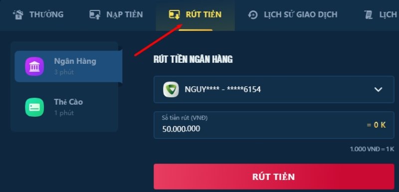 Tài khoản phải có đủ số dư để Rút Tiền lucky88